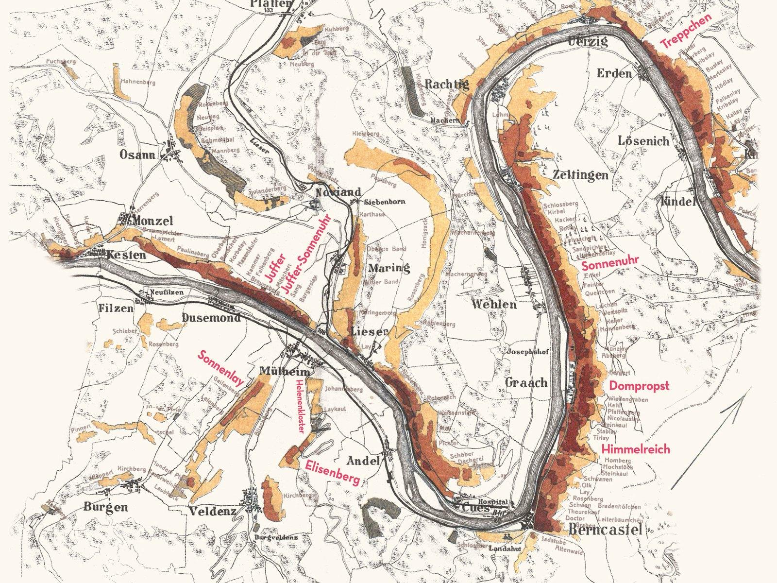 Vineyard map of the Middle Mosel with the estate's sites marked